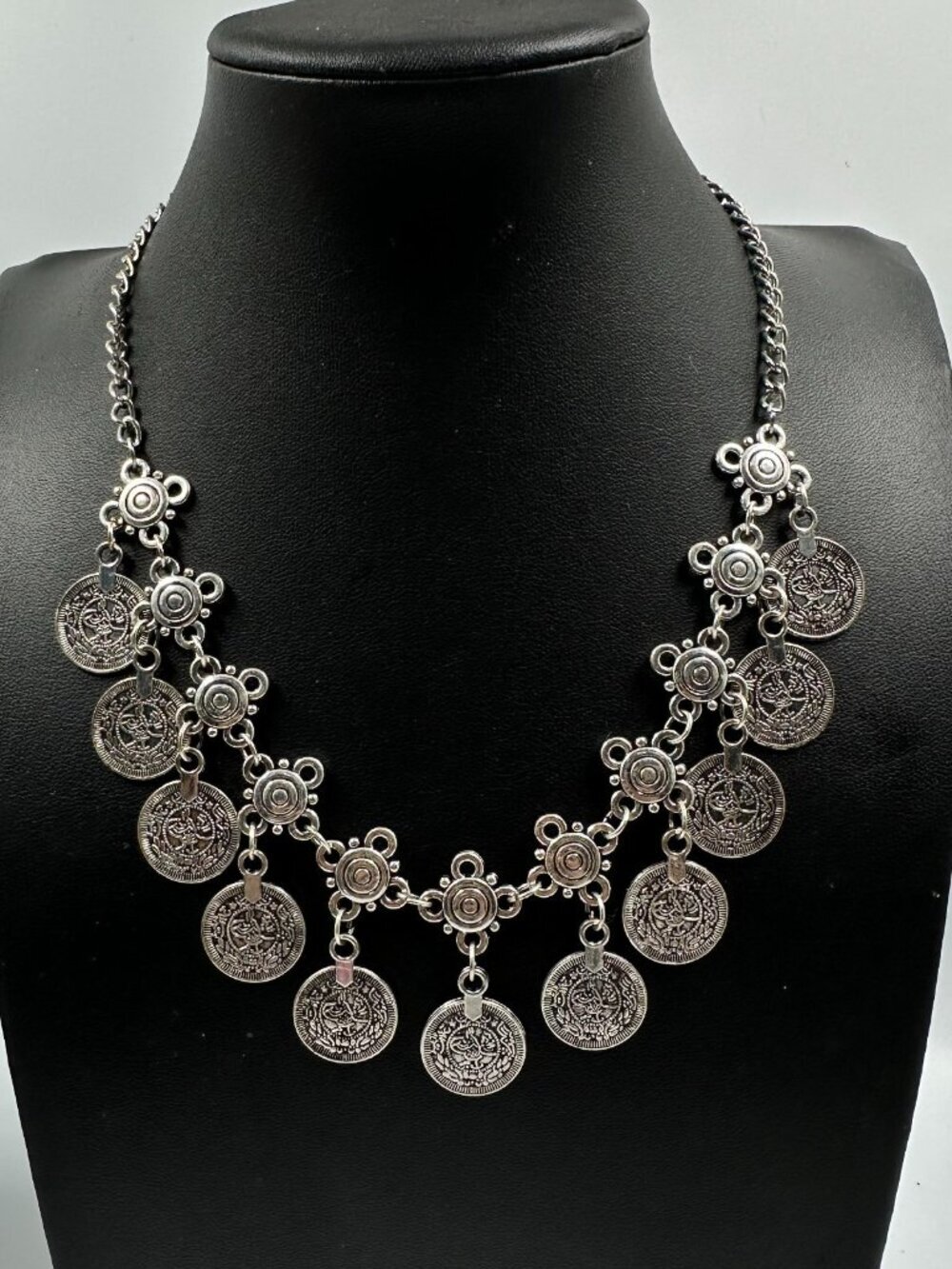 3/$30 Coin Necklace Silver Tone Moroccan Medallion Bib Dangle Adjustable 18"